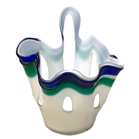 Mid Century Vintage Handmade Ruffle Blue and White Artistic Glass Vase,